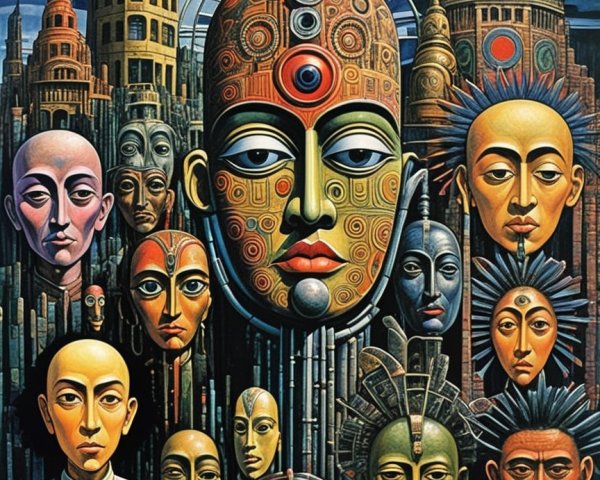 Surreal Artwork with Abstract Human Faces and Mask
