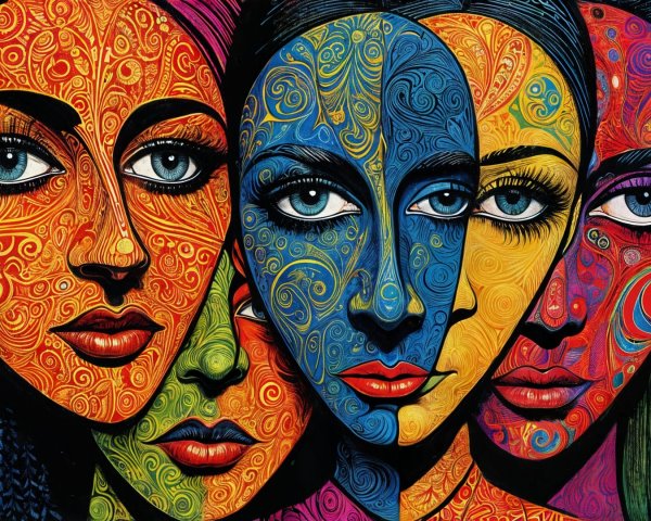 Stylized Faces with Intricate Patterns and Colors