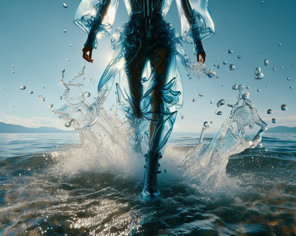 Graceful figure walking in serene water landscape