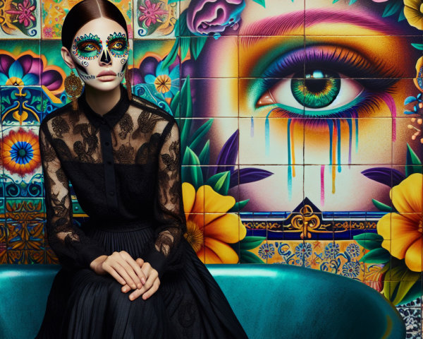 Model in Turquoise Bathtub with Sugar Skull Makeup
