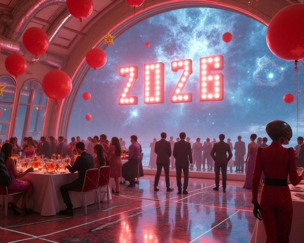 Futuristic Party Scene with Starry Sky and Decorations