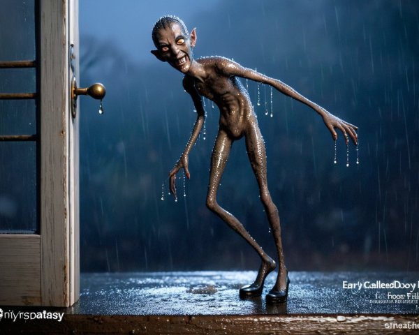 Surreal Creature at Doorway in Rainy Atmosphere