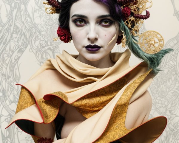 Avant-garde woman with horns and floral accessories
