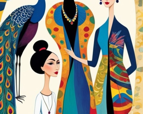 Elegant Women in Colorful Outfits with Peacock