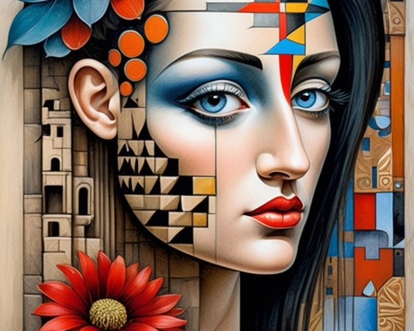 Stylized portrait of a woman with blue eyes and bold makeup