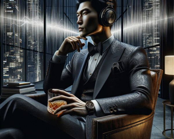 Sophisticated man in suit with city skyline backdrop