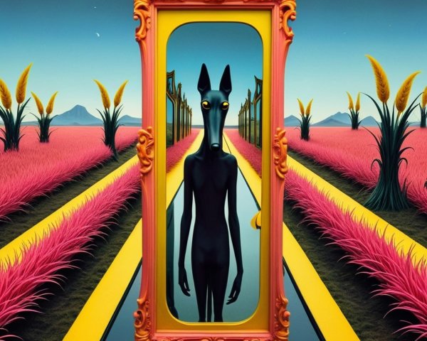 Surreal Landscape with Canine Figure and Mirror