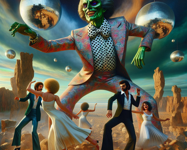 Surreal Disco Landscape with Vibrant Figures and Colors