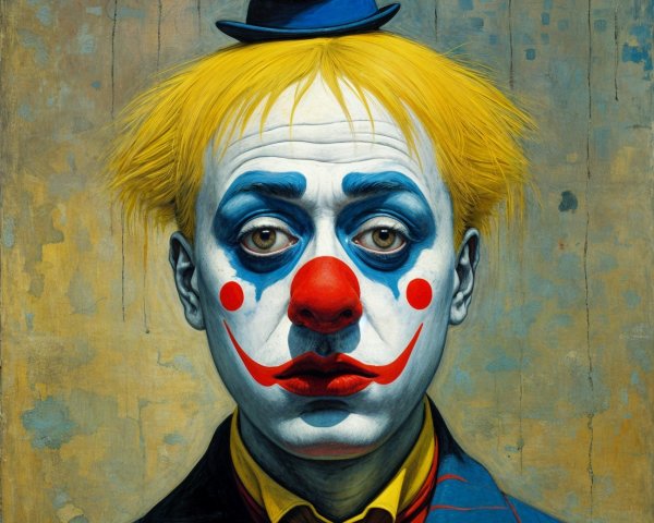 Surreal Clown with Bold Makeup and Colorful Attire