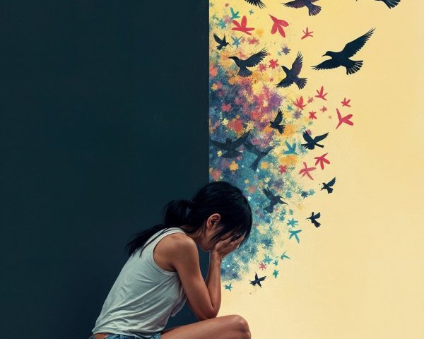 Young woman in despair beside vibrant floral art