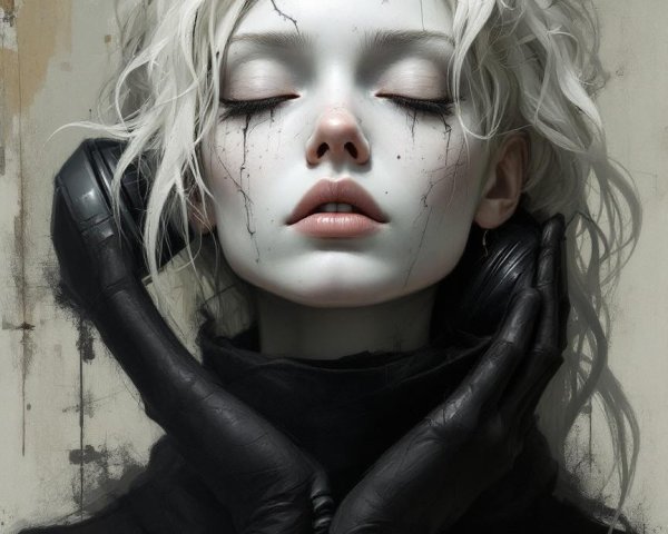 Portrait of a pale figure with curly white hair and headphones