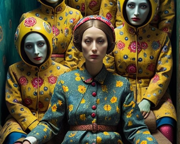 Surreal Scene with Floral and Yellow Attired Figures