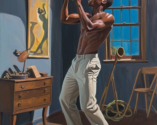 Muscular Man Playing Trumpet in Vintage Decor
