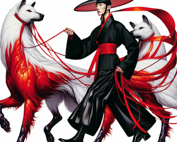Mysterious Figure in Traditional Attire with Wolves