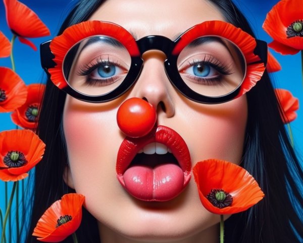 Whimsical Portrait of Woman with Red Poppies and Glasses