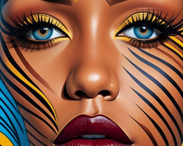Portrait of a woman with blue eyes and bold makeup