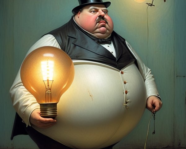 Whimsical Man in Tuxedo with Light Bulbs and Bird