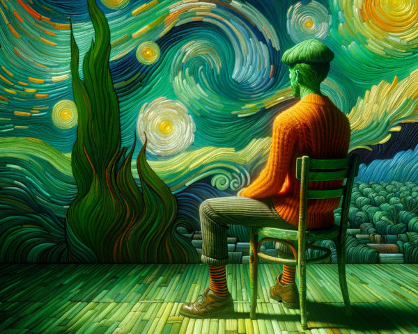 Green-skinned figure on chair in swirling landscape