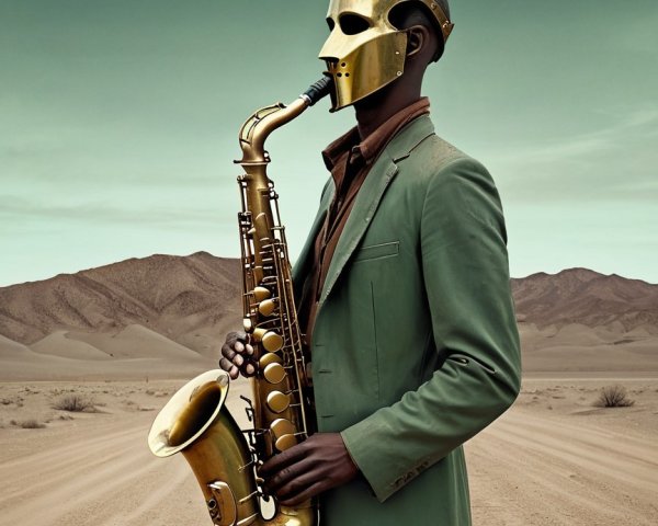 Surreal Musician in Desert with Gold Mask and Saxophone