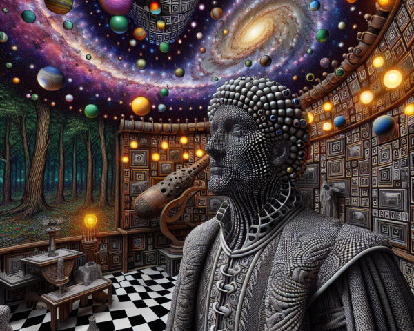 Surreal Humanoid Figure in Cosmic Dreamlike Landscape