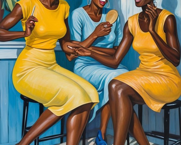 Vibrant Artwork of Three Joyful Women in Conversation