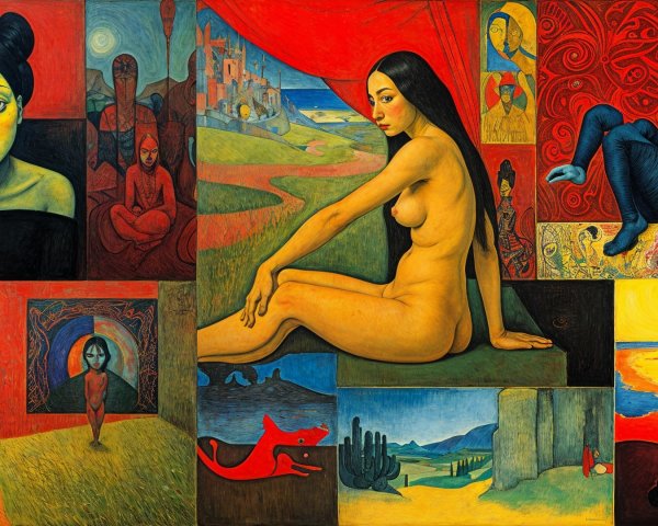 Vibrant Collage of Figures and Landscapes with Emotion