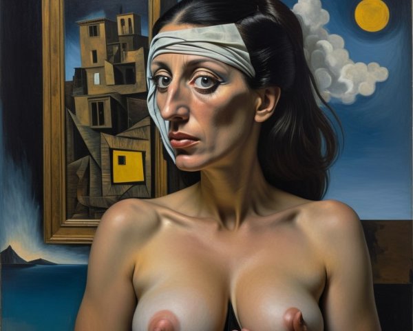 Woman in Bandage Against Surreal Abstract Background