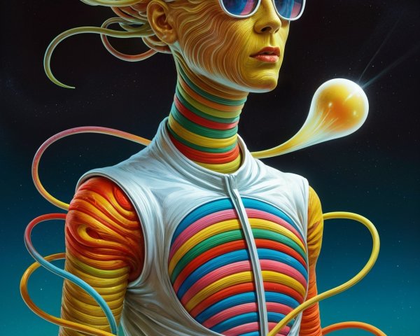 Futuristic Humanoid with Colorful Patterns in Cosmic Scene
