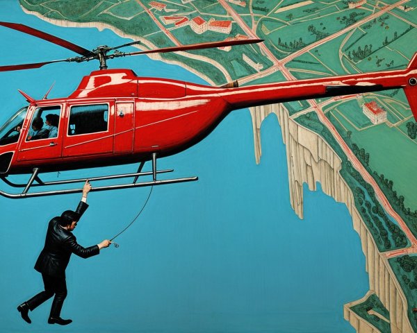 Red Helicopter Hovering Over Scenic Landscape with Man