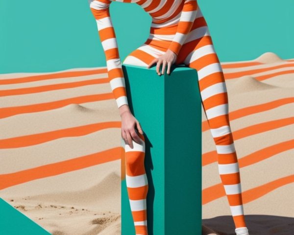 Slender Figure in Striped Bodysuit on Teal Pedestal