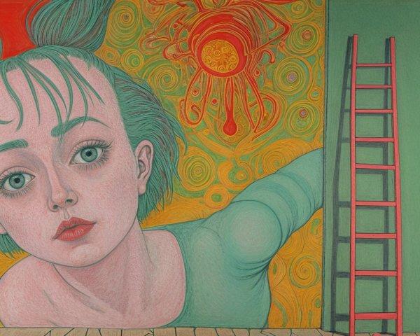 Large expressive face with green hair and vibrant background