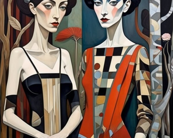 Elegant Women in Modern Surreal Artwork with Bold Colors