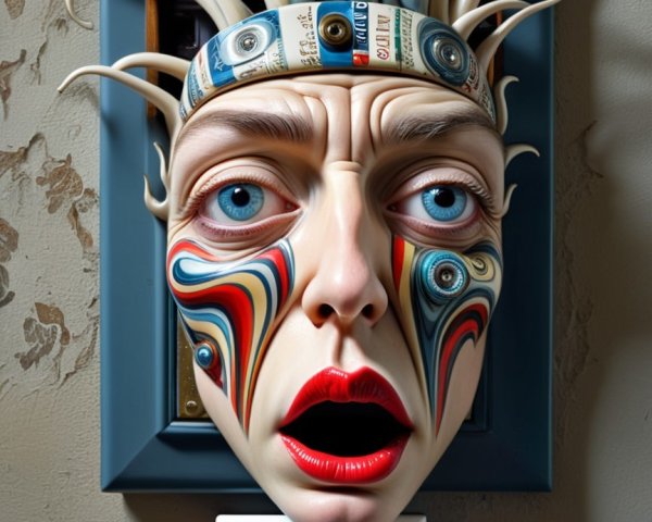 Surreal sculpture of a human face with vibrant patterns
