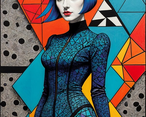Stylized Woman with Blue Hair in Abstract Background