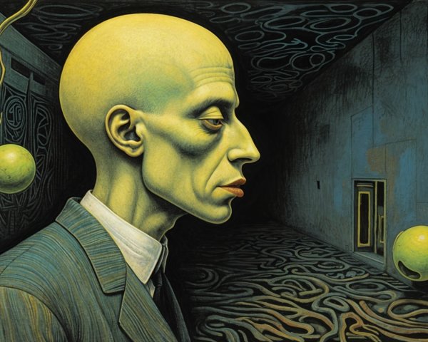 Surreal Scene of Bald Man in Suit with Abstract Background
