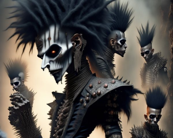 Futuristic figures with skull face paint in misty setting