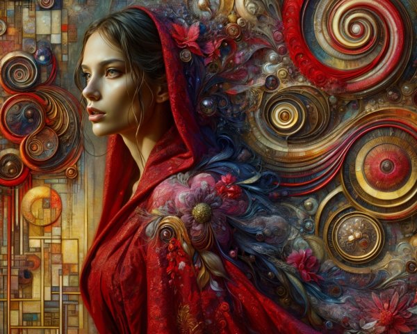 Woman in Red Hood with Vibrant Swirling Background