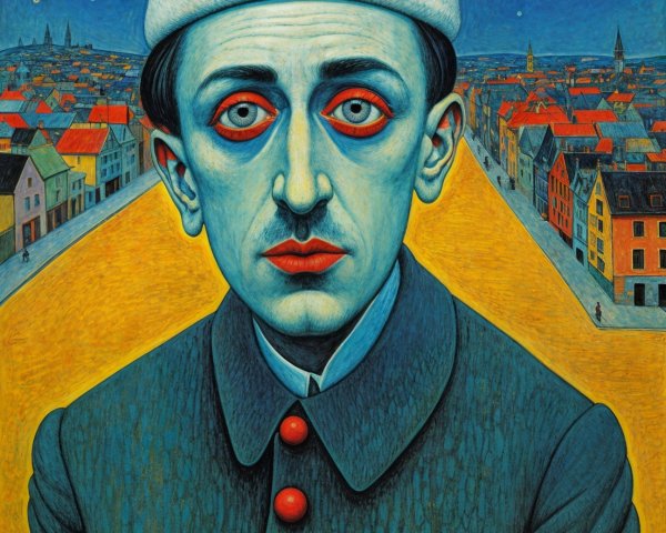 Surreal Painting of Blue-Skinned Figure in Night Scene