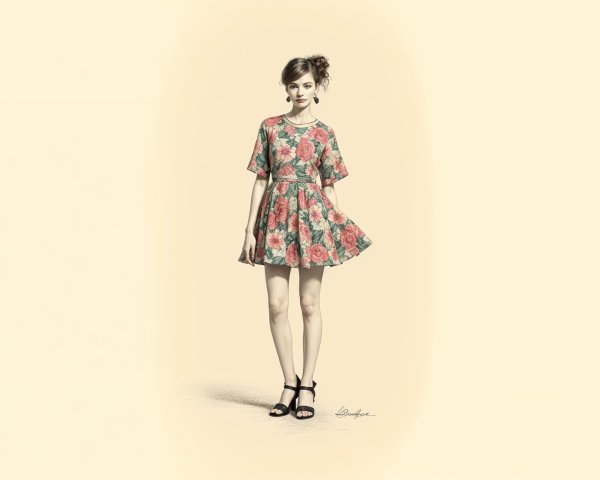 Young woman in floral dress with flared skirt