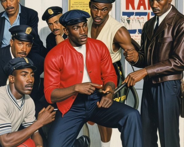 Seven Men in 1970s Attire with Basketball Backdrop