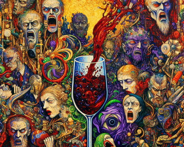 Vibrant Painting of Expressive Faces and Wine Glass