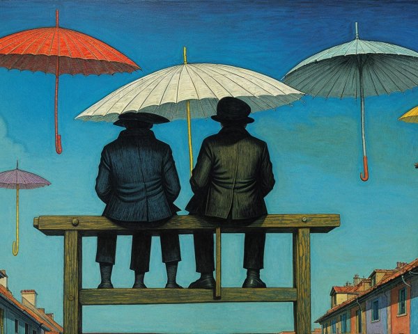 Figures in Suits on Bench Under Colorful Umbrellas
