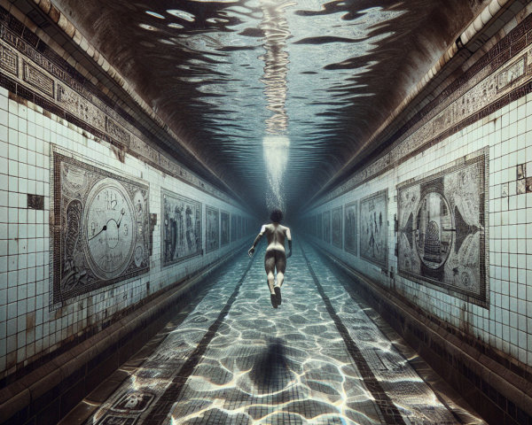Solitary Figure Swimming in Tiled Underwater Corridor