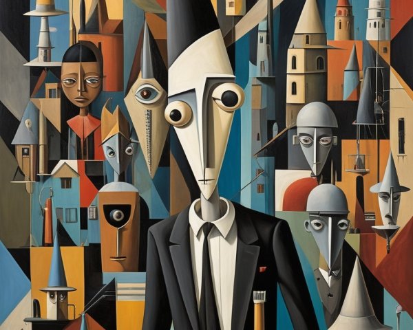 Stylized Figure in Suit with Abstract City Background