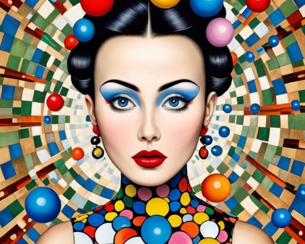 Vibrant Woman in Colorful Polka Dot Outfit and Makeup
