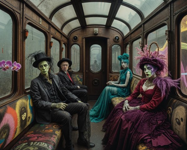 Gothic Elegance in a Vintage Train Carriage Scene