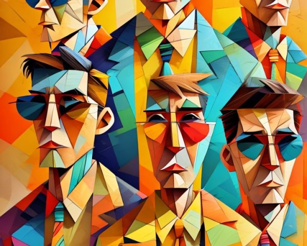 Vibrant Geometric Artwork with Stylized Figures