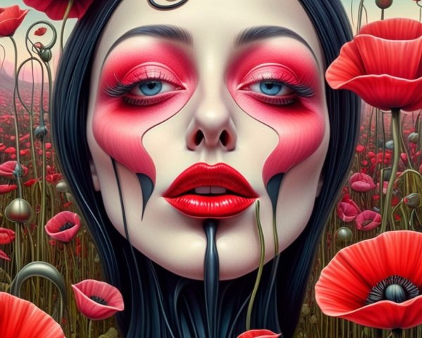Portrait of a Woman with Red Poppies and Bold Makeup