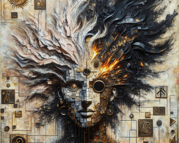 Fragmented Portrait with Mystical Patterns and Colors