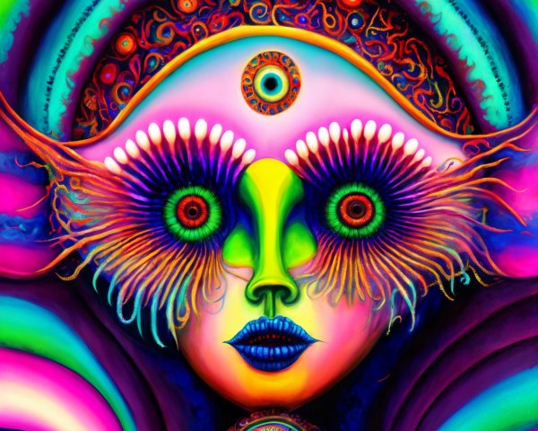 Surreal Portrait with Colorful Patterns and Mystical Elements